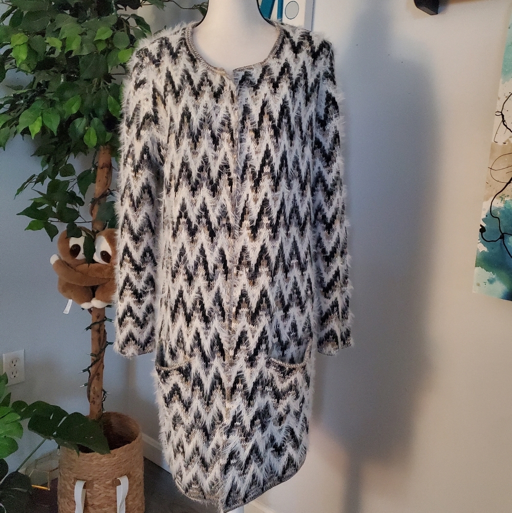 ABSOLUTELY FAMOUS Fuzzy Chevron Duster Long Cardigan XL